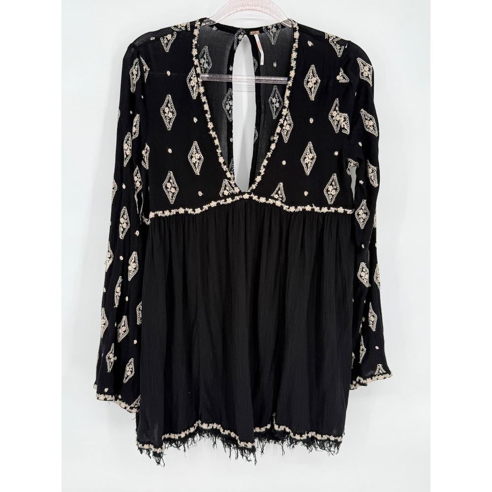 Free People Embroidered Mini Dress Black Bohemian Lg Sleeve Festival Tunic‎ Sz S